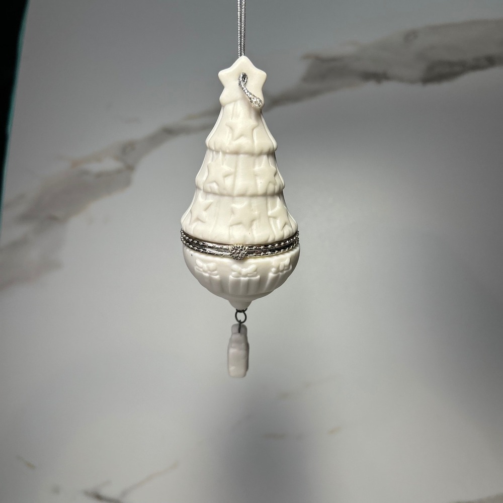 White Porcelain Christmas Tree Hinged Trinket Box Ornament with Star and Gifts